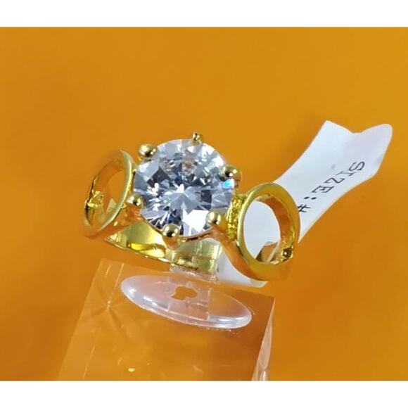 1990s Gold Plated 3.25 CT Size 9 Solitaire Engagement Cocktail Sim Diamond Ring - Picture 1 of 10